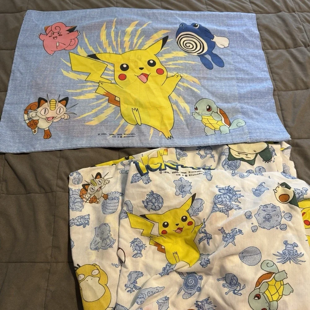 Vintage Pokemon Pikachu Twin Bed Fitted Sheet & Pillowcase 1998 Nintendo USA